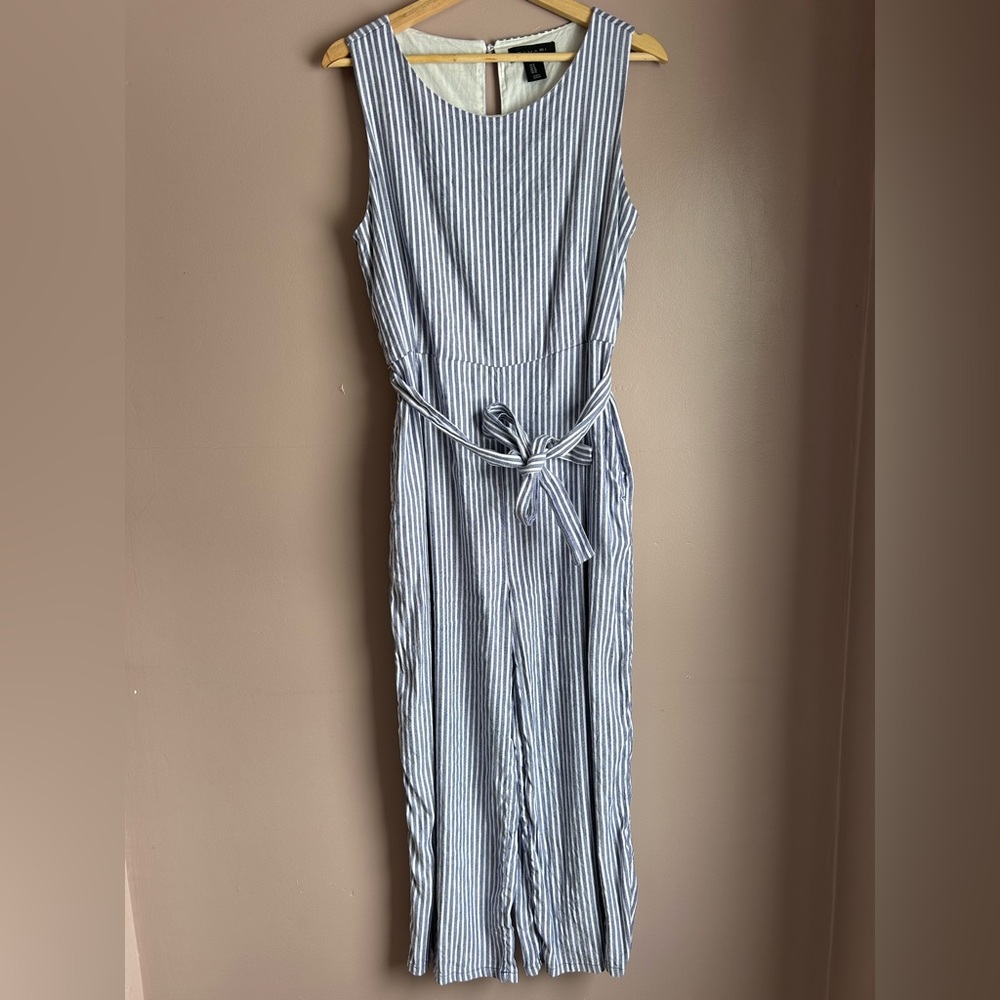 Striped Sleeveless Linen Jumpsuit with Belt